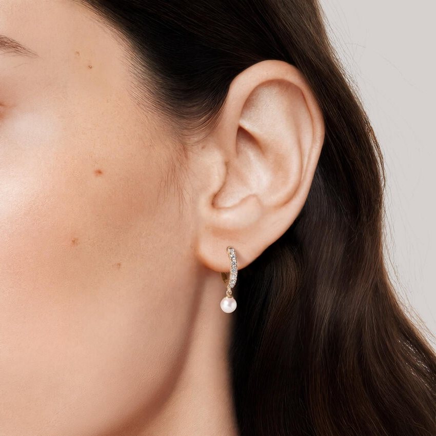 Pearl Drop Diamond Huggie Earrings
