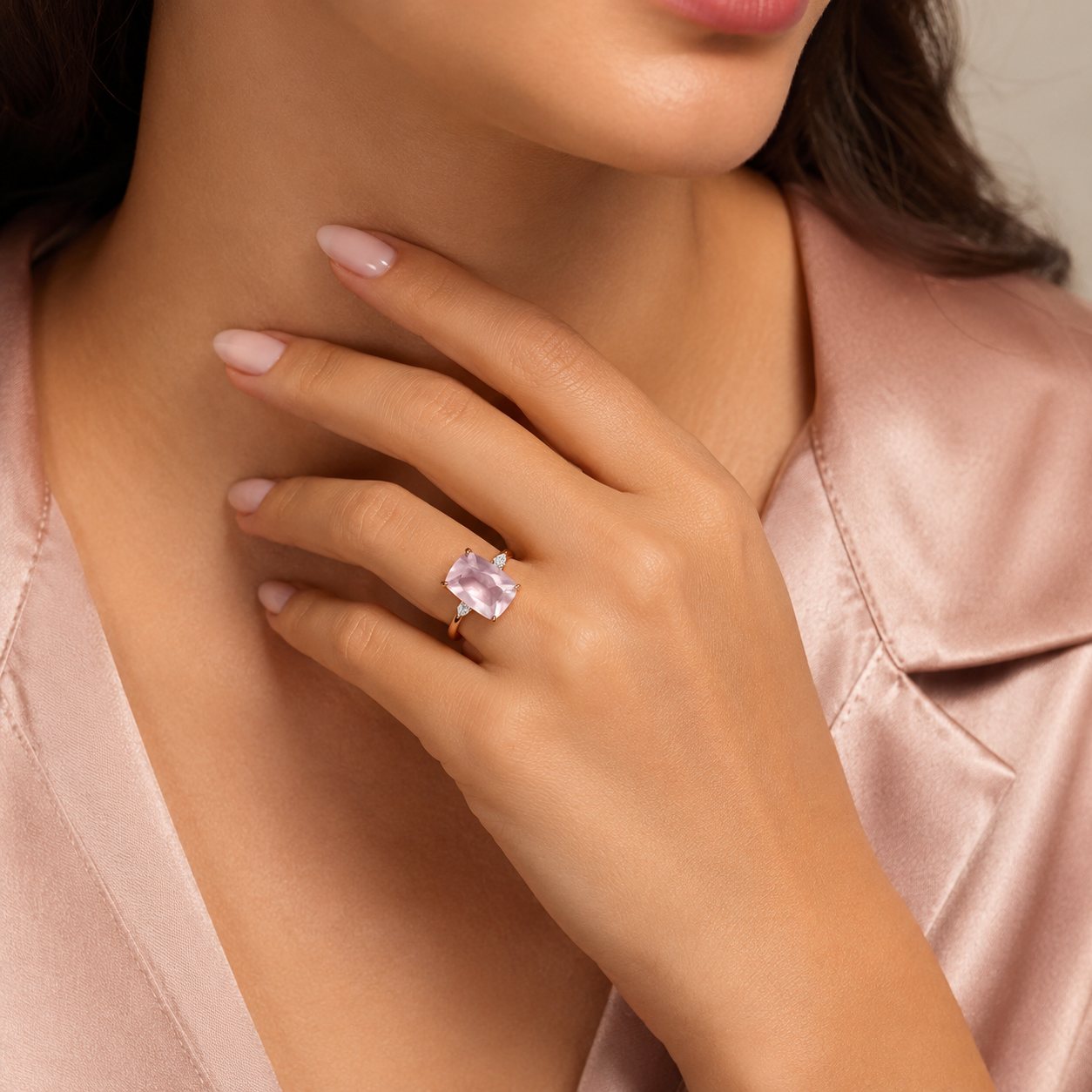 Rose Quartz Three-Stone Cocktail Ring