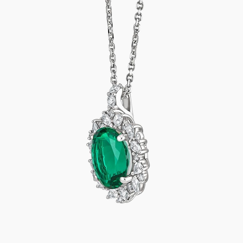 Emerald Diamond Halo Pendant Necklace