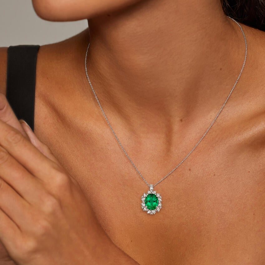Emerald Diamond Halo Pendant Necklace