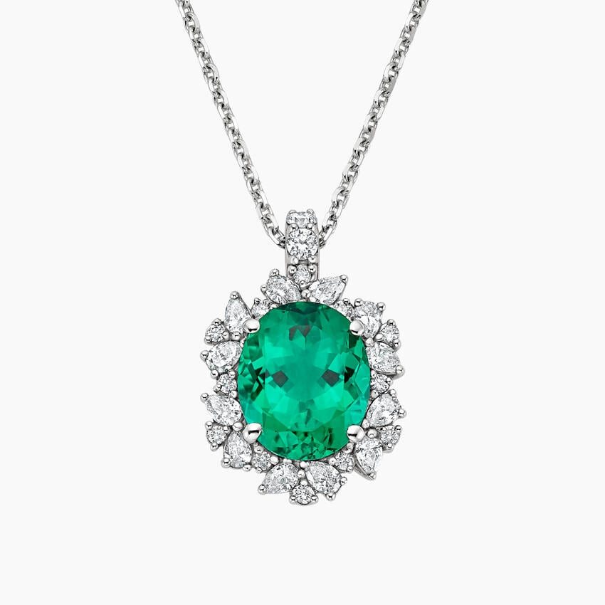 Emerald Diamond Halo Pendant Necklace