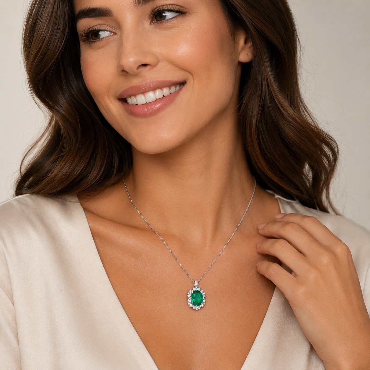 Emerald Diamond Halo Pendant Necklace