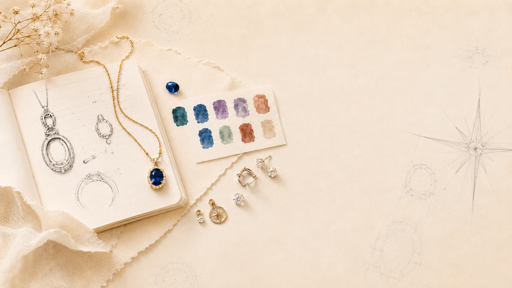 Atelier jewelry sketches, gemstones, and design references