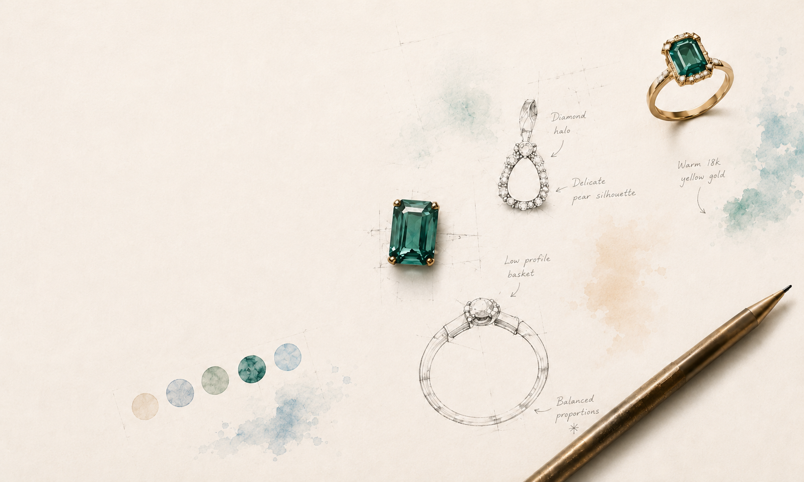 Jewelry sketches and gemstones on an atelier desk