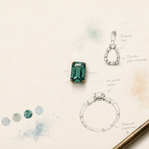Jewelry sketches with a gemstone and pendant design.
