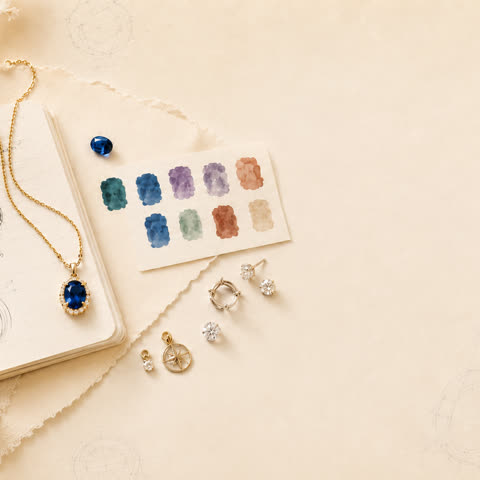 Jewelry, color notes, and small charms on an atelier desk.