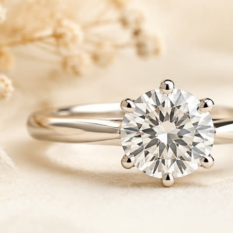 A round diamond engagement ring on warm ivory fabric.