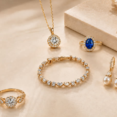 A curated arrangement of rings, earrings, and a diamond bracelet.