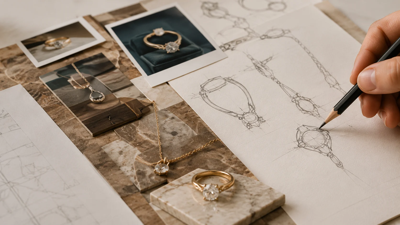 Hands developing a jewelry idea from sketches, references, and gemstones.