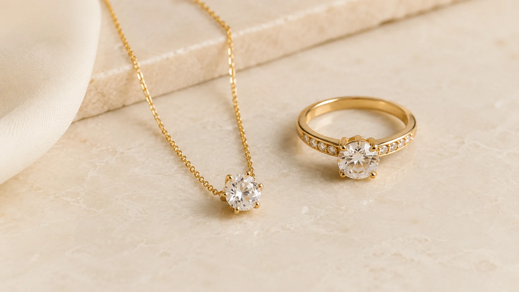 A coordinated fine jewelry ring and necklace presented as a finished direction.