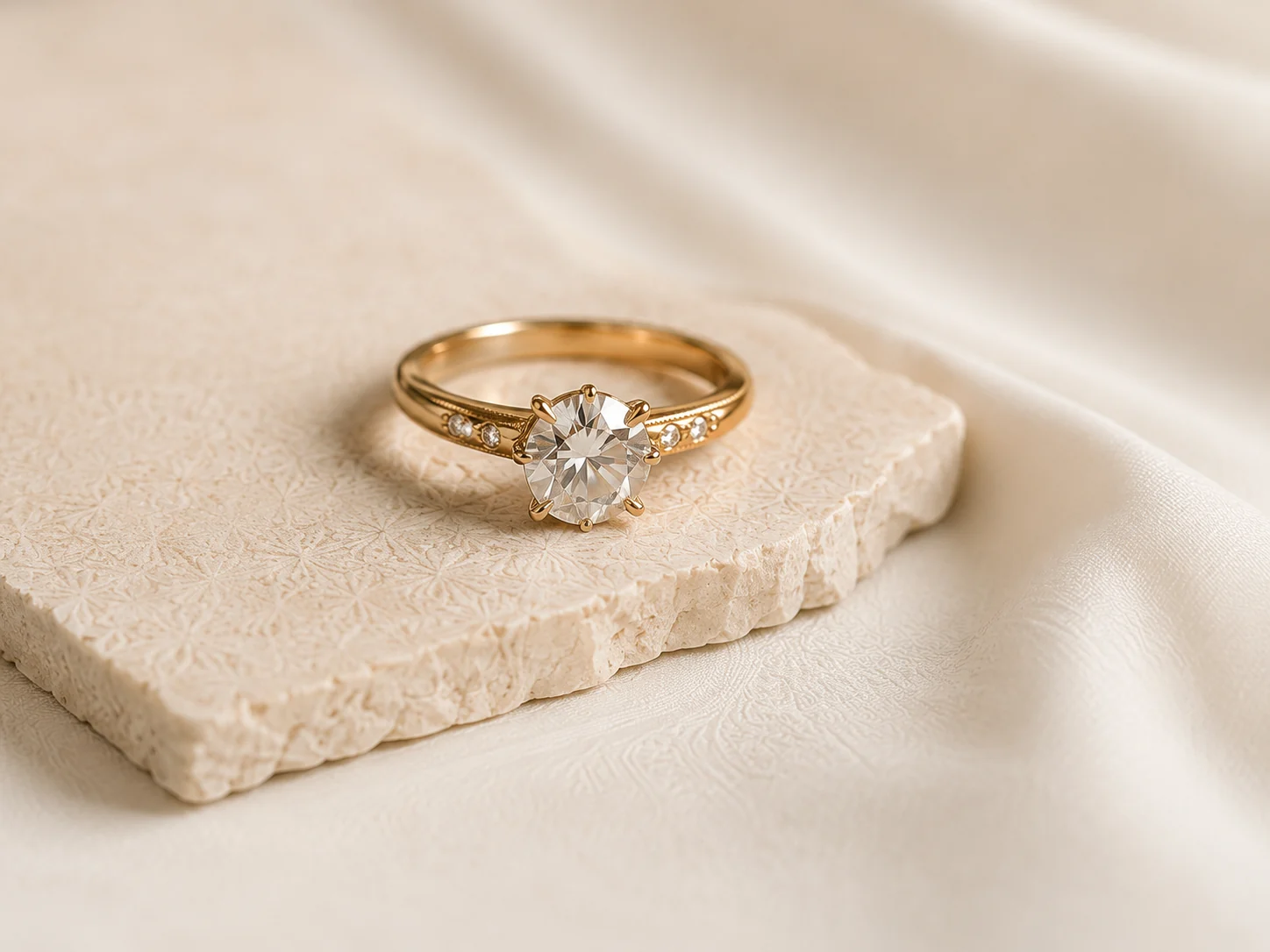 Fine jewelry ring shown in close detail on a soft neutral background.