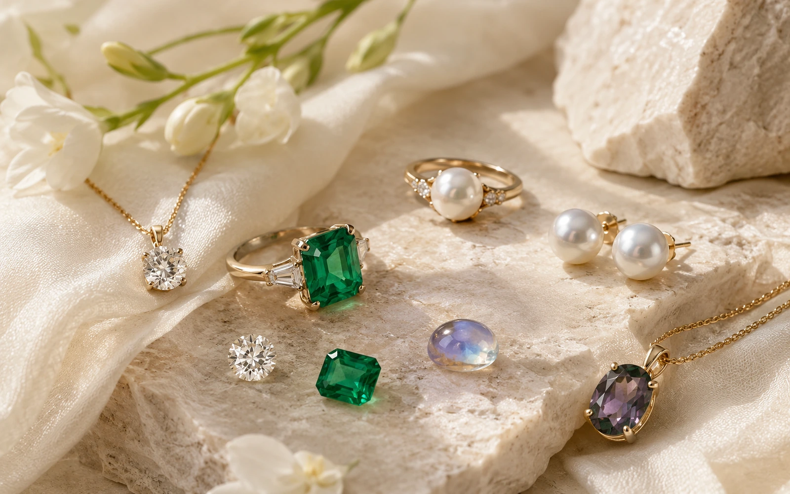 Diamond, emerald, pearl, and softly iridescent gemstone directions arranged in a light spring palette.