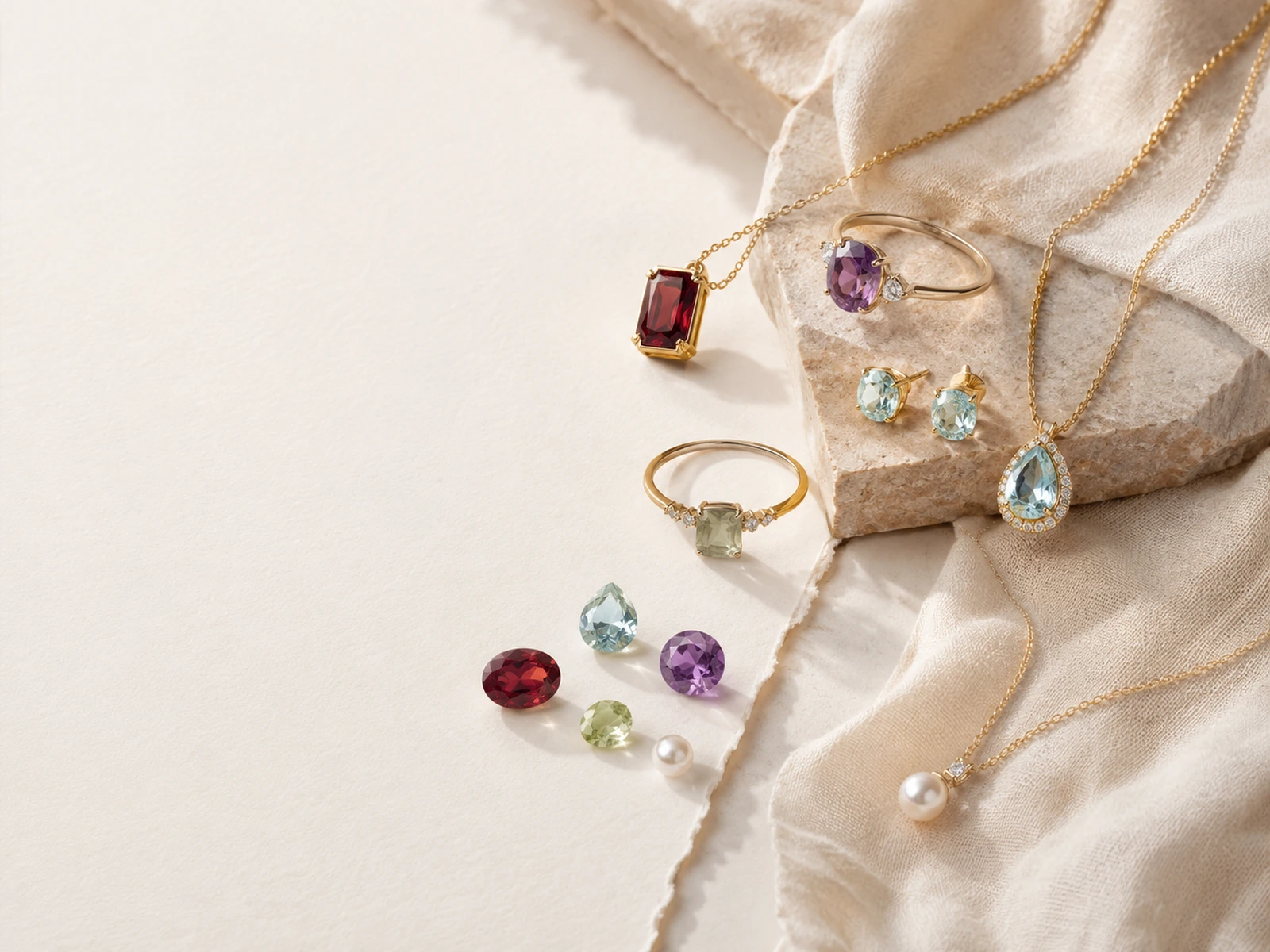 A warm editorial arrangement of colorful gemstones and gemstone jewelry on ivory paper, pale stone, and soft fabric.