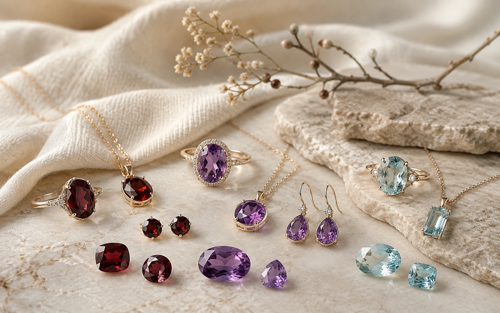 Garnet-red, amethyst-purple, and aquamarine-blue jewelry and gemstones arranged in a quiet winter palette.