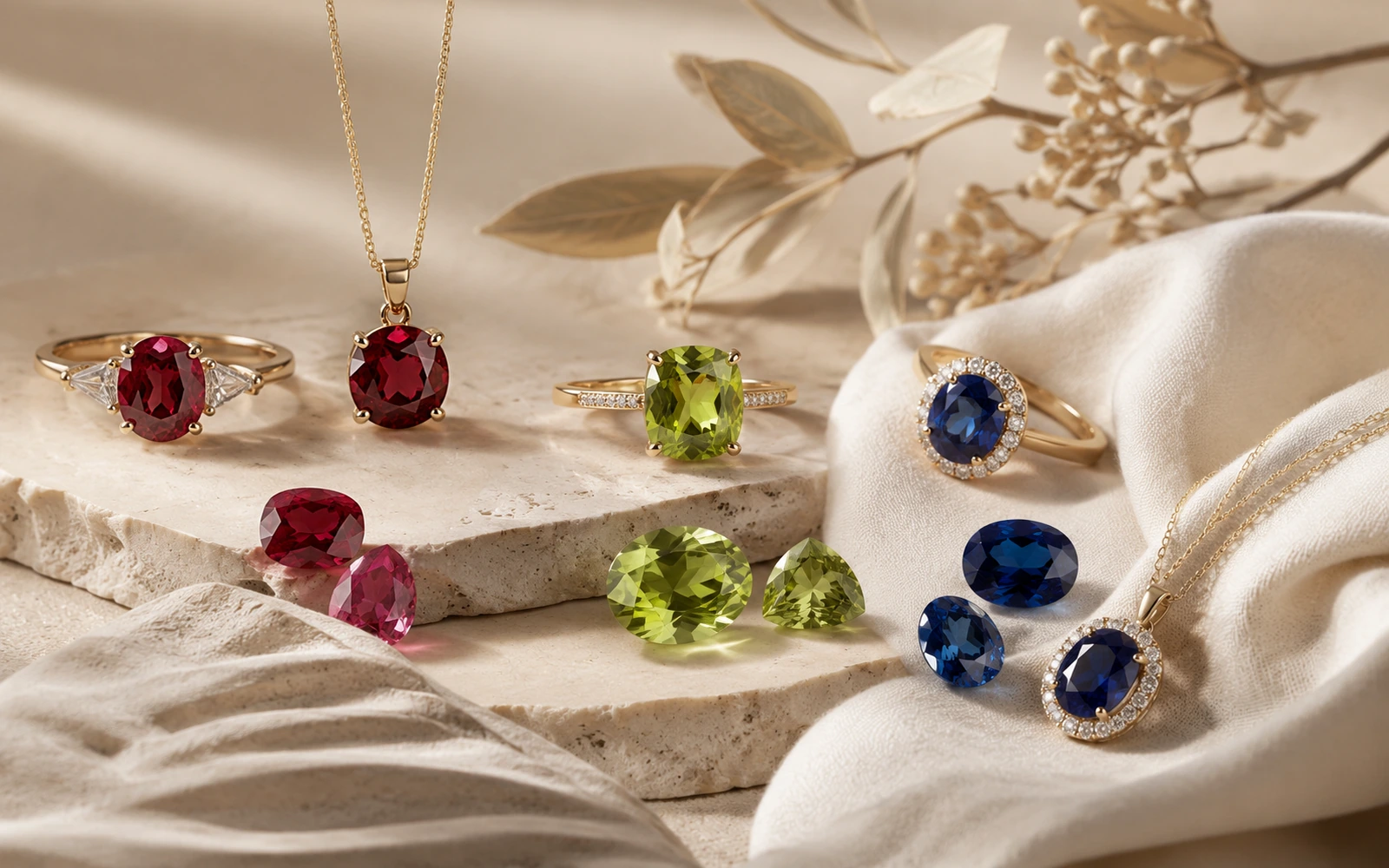 Ruby-red, fresh green, and sapphire-blue gemstone jewelry arranged on pale stone and fabric.