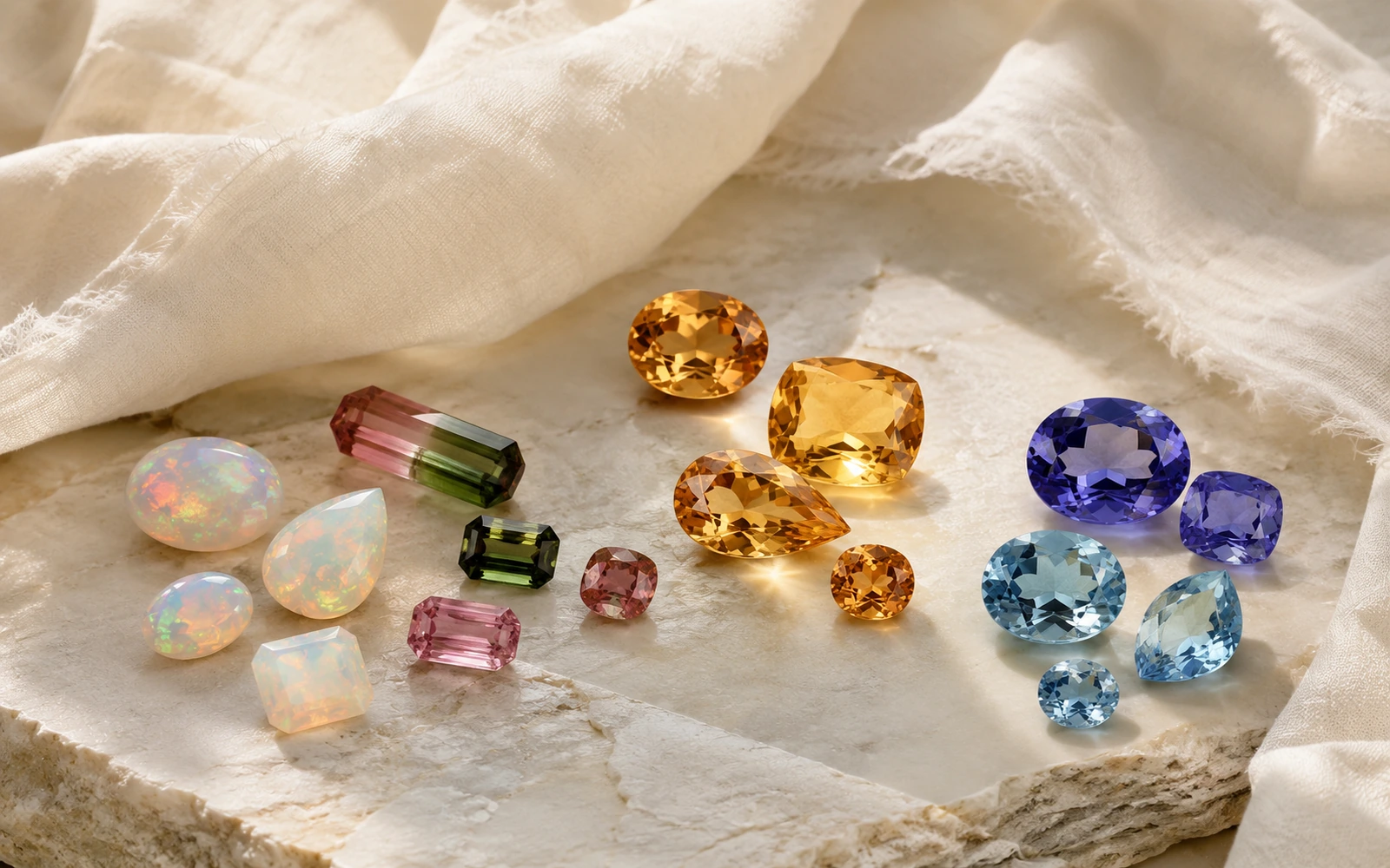 Opal-like iridescence, pink and green color, warm golden stones, and blue-violet gemstones arranged together.