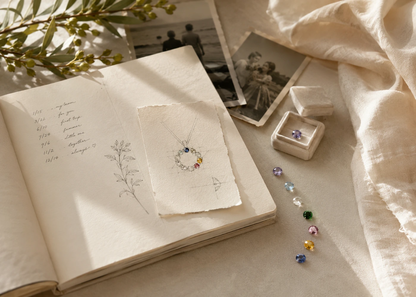 A notebook with dates and a multi-stone pendant sketch beside colored gemstones and personal photo references.