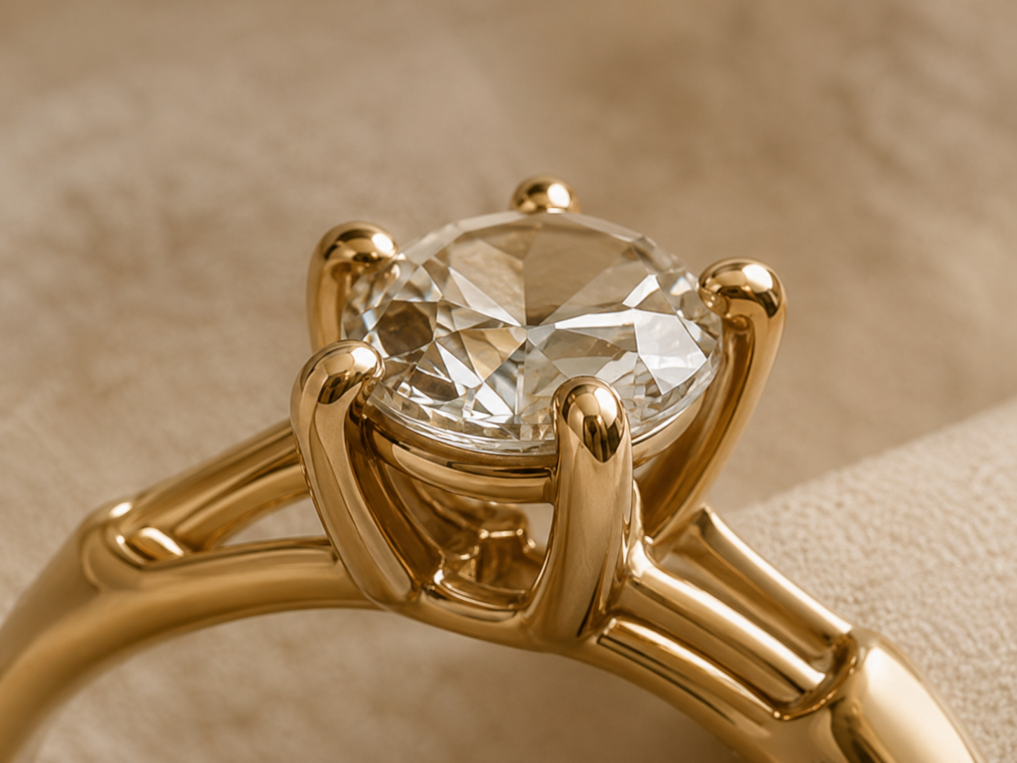 Close view of a gemstone held by polished gold prongs.