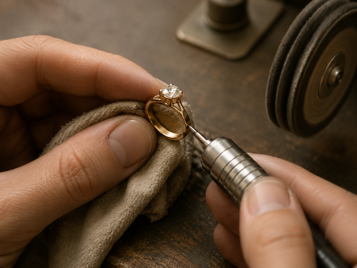 Hands reviewing the finish and setting of a gold ring at a workbench.