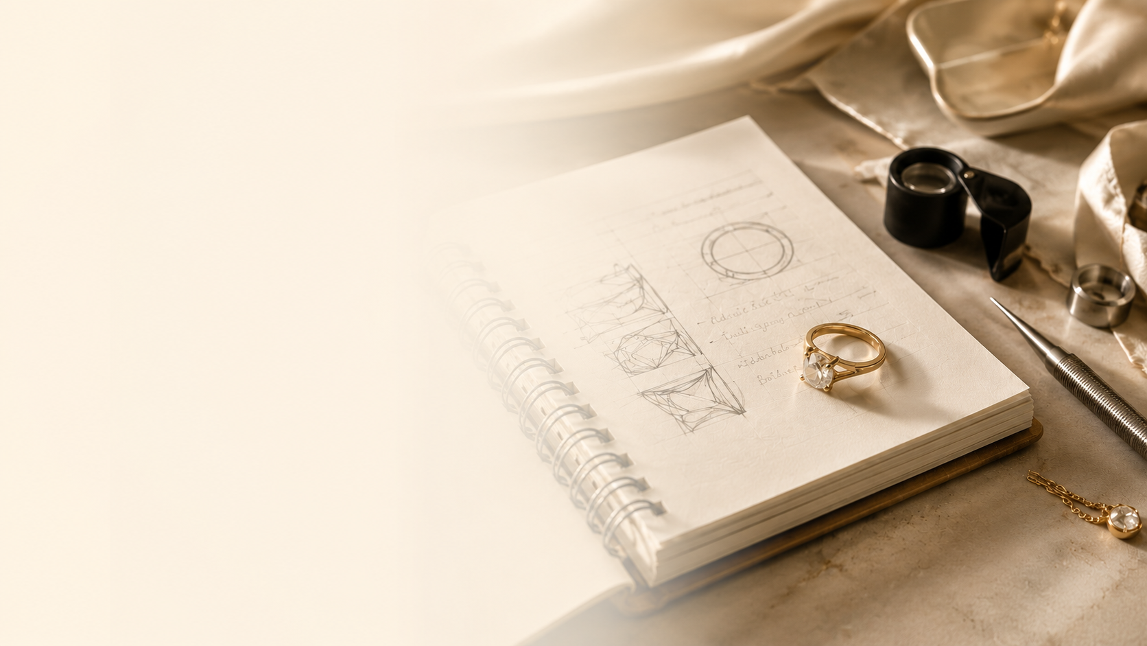 Jewelry sketchbook, ring, loupe, and tools arranged on a warm work surface.