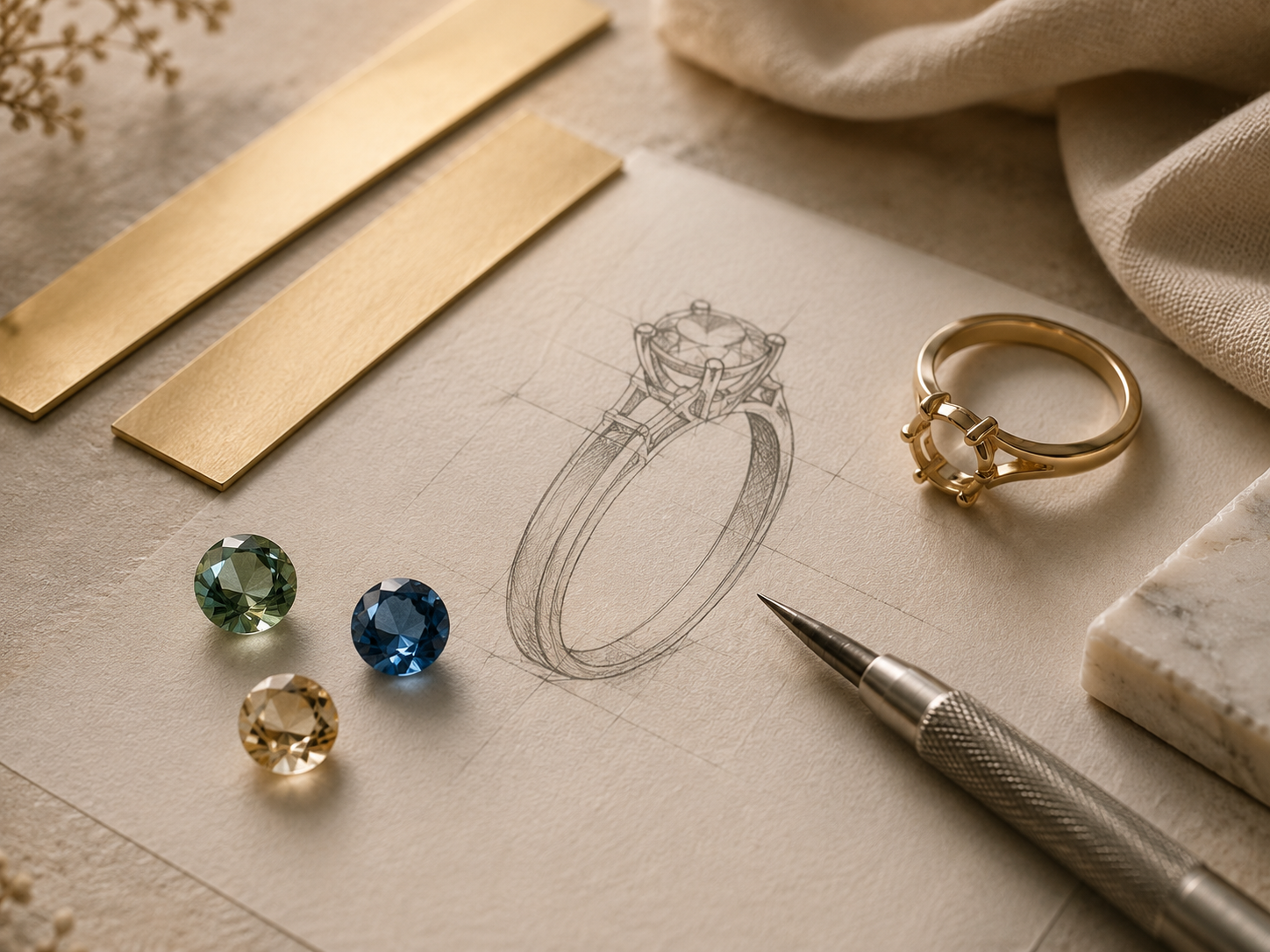 Gold samples, colored gemstones, a ring, and a drawing considered together.