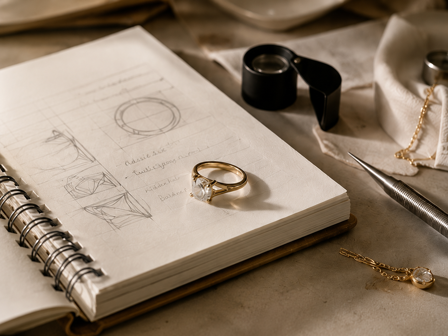 Gold ring placed on a sketchbook beside measuring and jewelry tools.