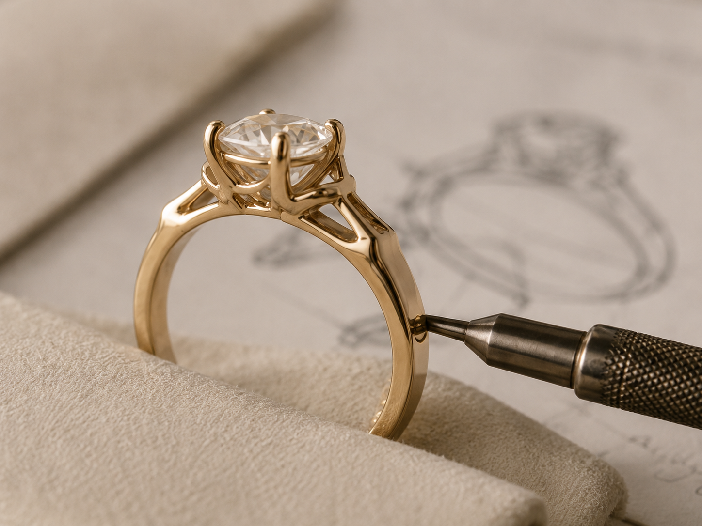Side profile of a gemstone ring showing its setting and supporting structure.