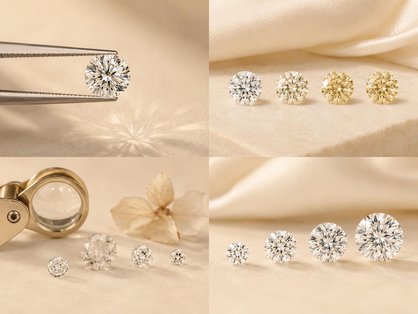 Four warm jewelry scenes illustrating cut, color, clarity, and carat.