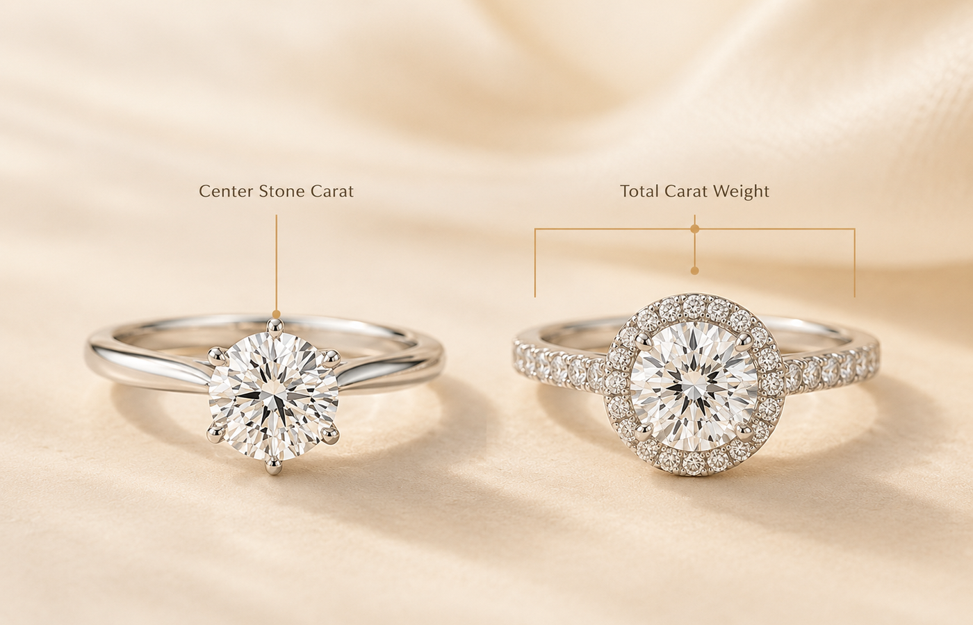 A solitaire ring and a halo ring comparing center stone carat with total carat weight.