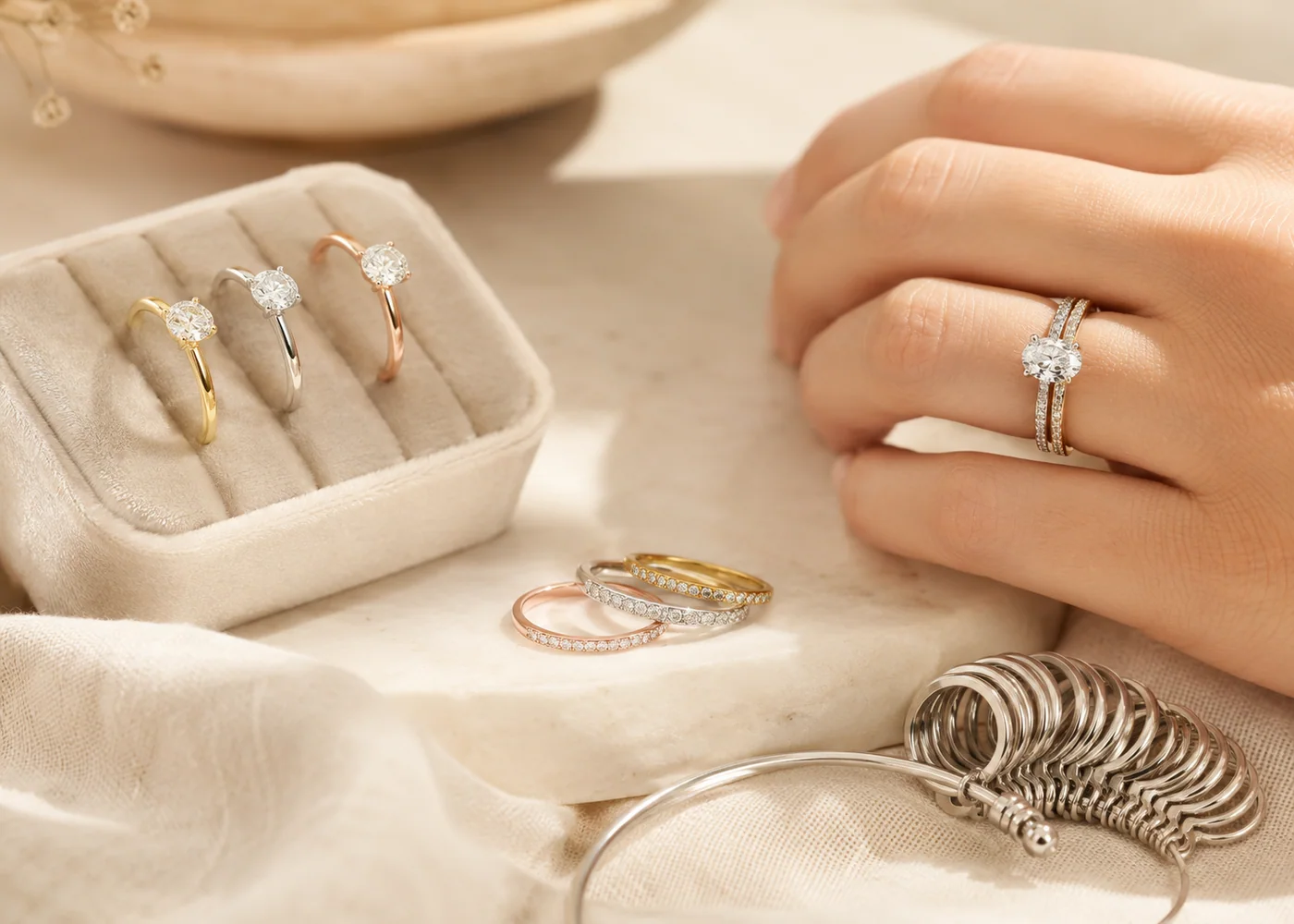Engagement rings, wedding bands, metal colors, and a ring sizing tool arranged together.