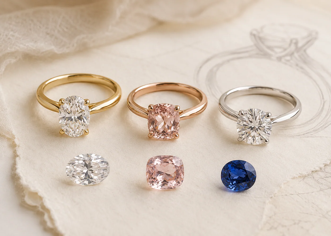 Diamond and colored gemstone ring directions with loose center stones on ivory fabric.
