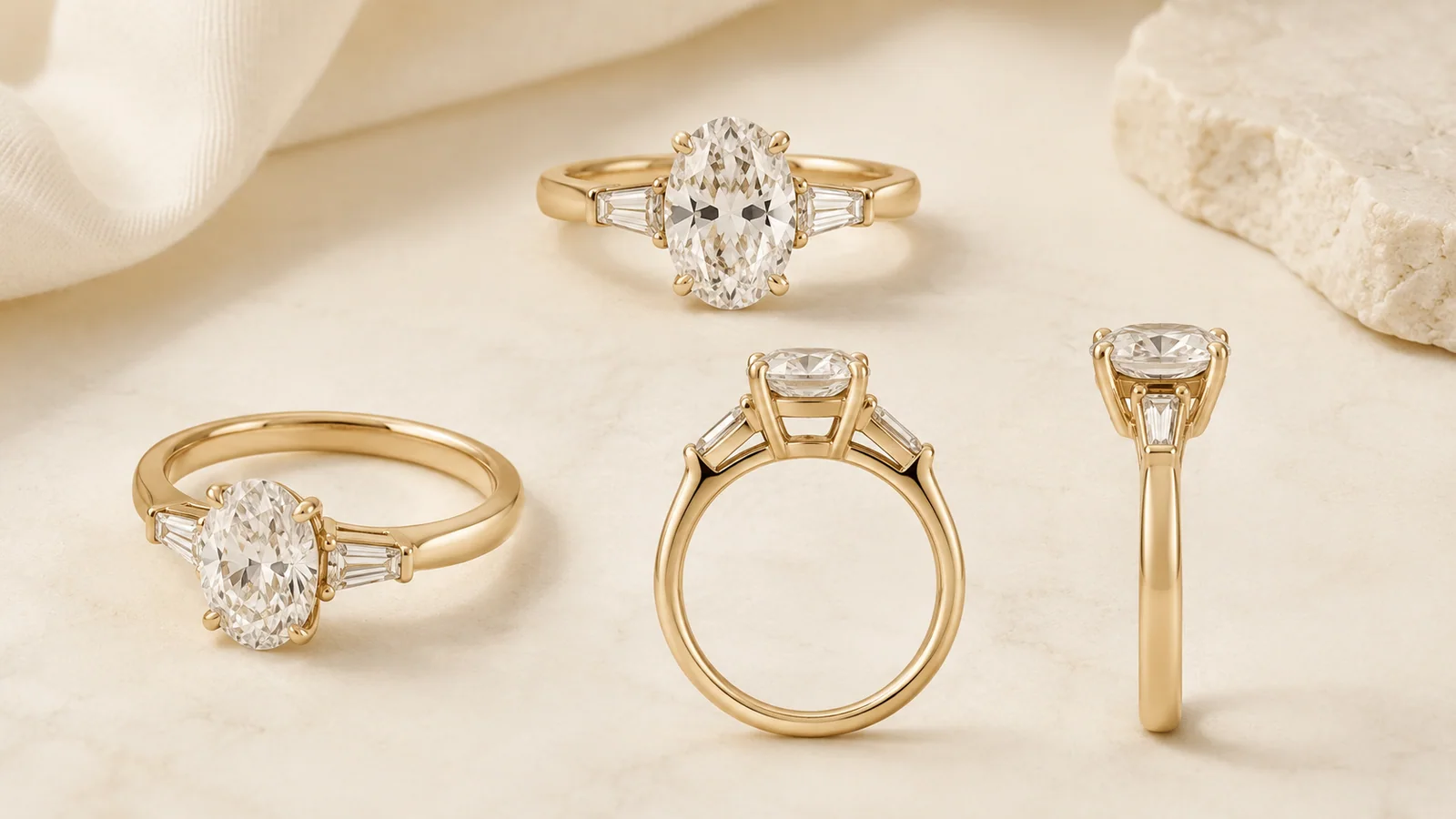 Oval three-stone engagement ring shown from front, three-quarter, back, and side views.
