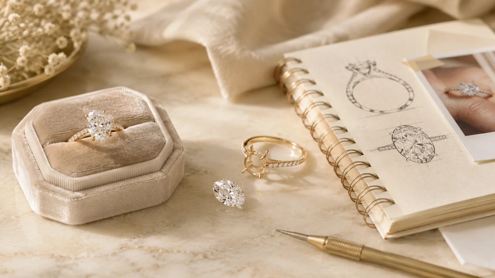 Finished engagement ring, empty setting, loose stone, and ring sketches arranged on a design table.