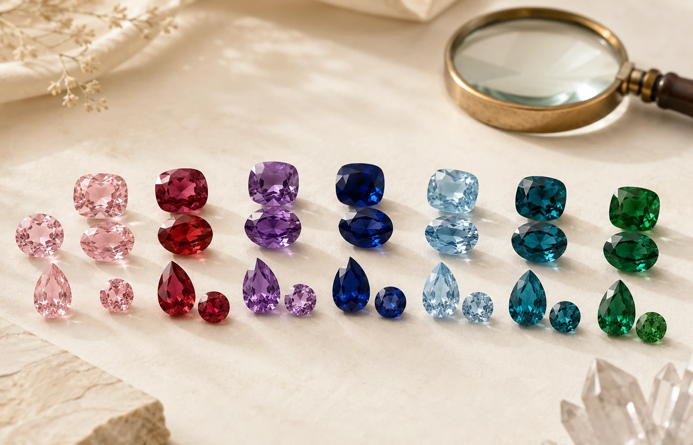 A varied arrangement of colored gemstones on warm ivory fabric.