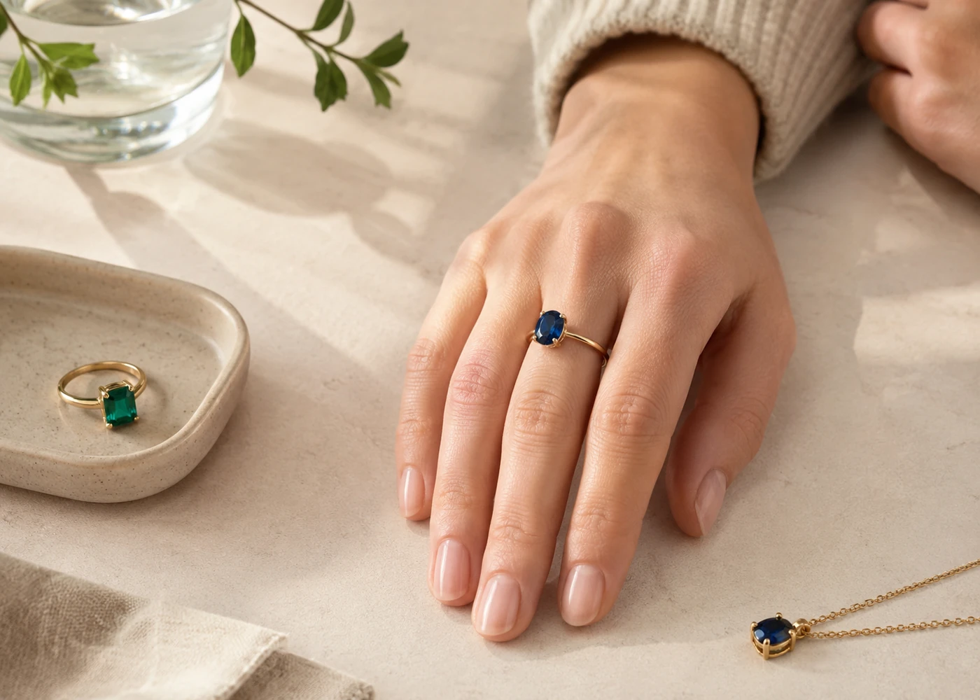 A gemstone ring beside a jewelry box in a calm everyday setting.