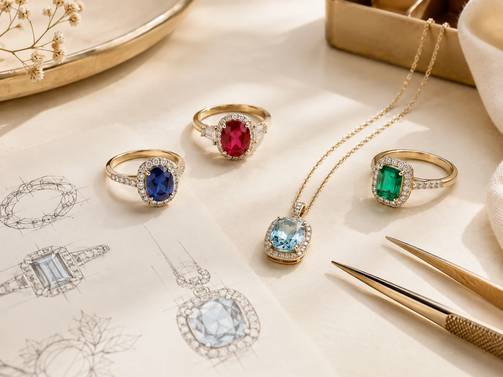 A sapphire ring and a loose blue gemstone arranged on soft ivory fabric.