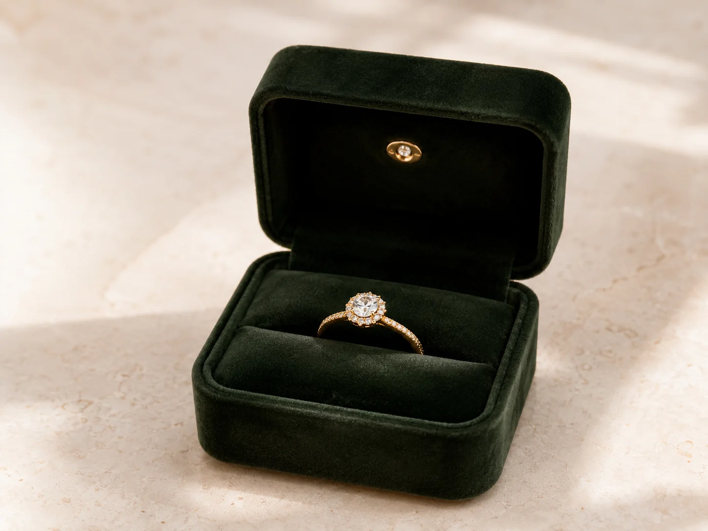 Diamond ring resting securely in a forest-green ring box.