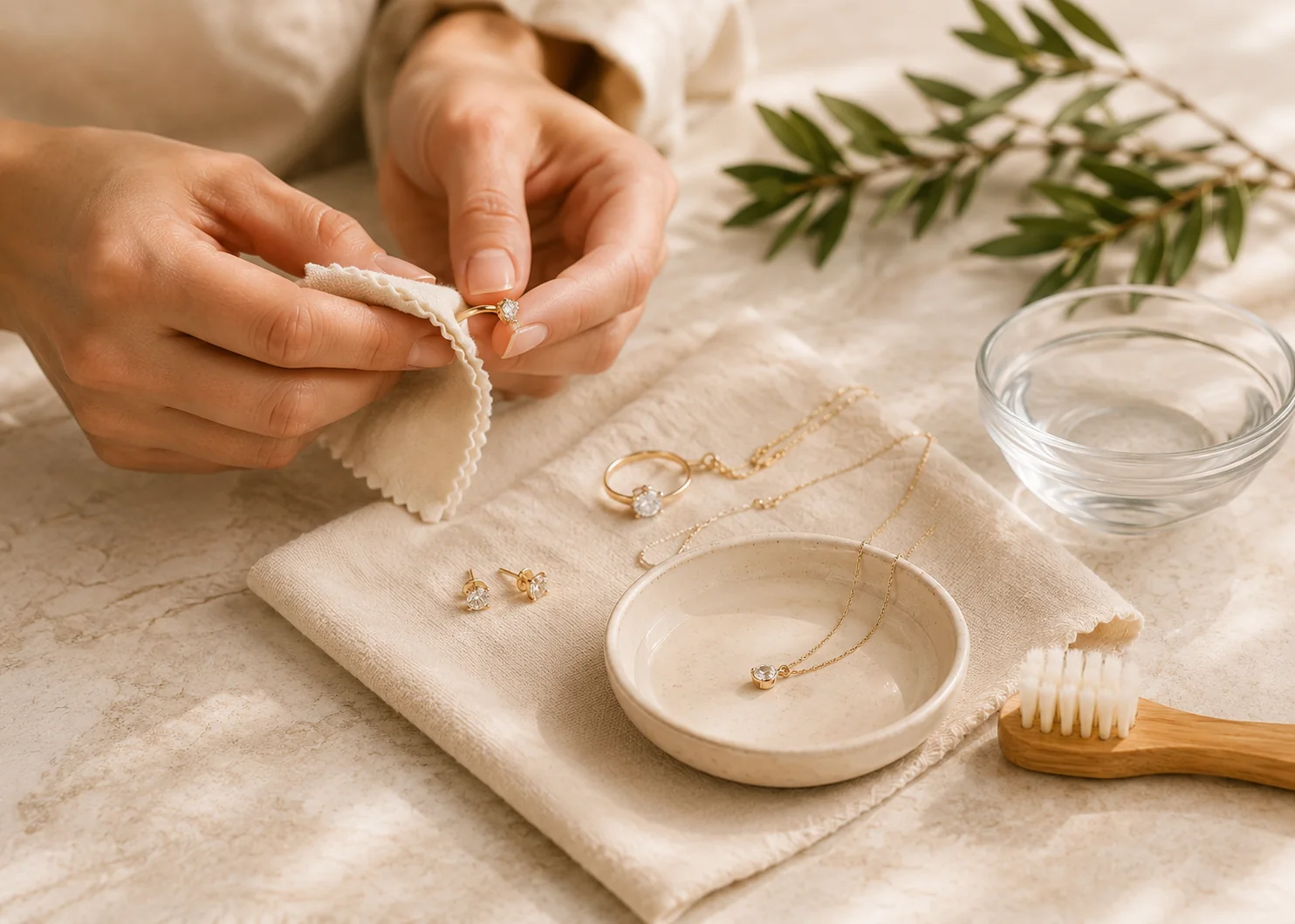 Hands using a soft cloth to clean a ring beside gentle care tools.