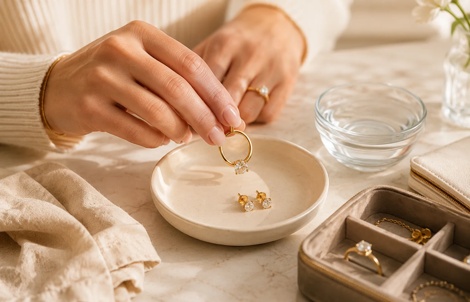 Hands placing a ring safely beside a jewelry organizer.