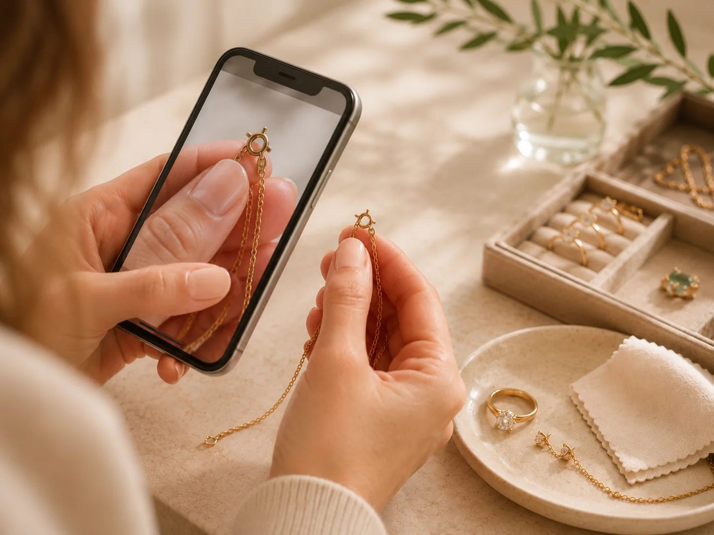 Customer photographing a necklace clasp for a jewelry care question.