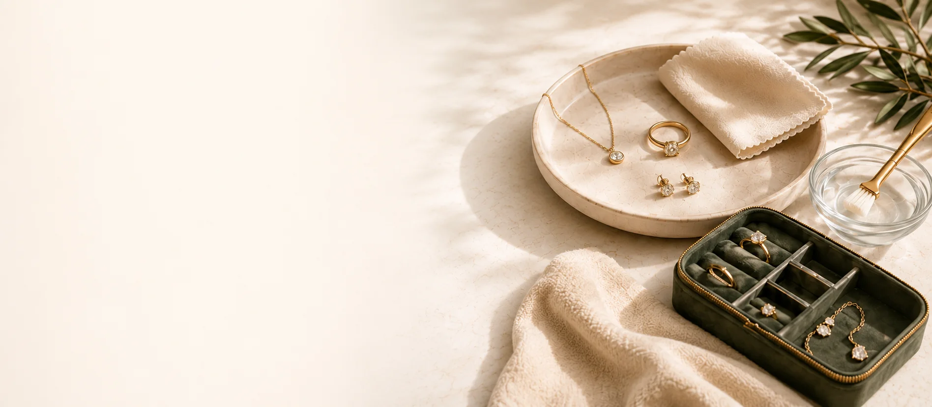 Fine jewelry, a polishing cloth, and a jewelry case arranged for careful maintenance.