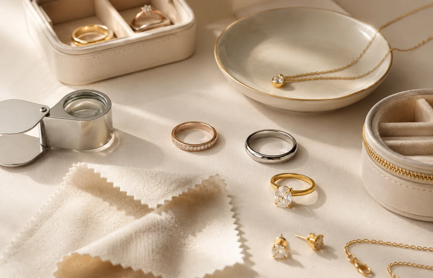 Jewelry care tools, polishing cloths, and finished pieces arranged on a work surface.