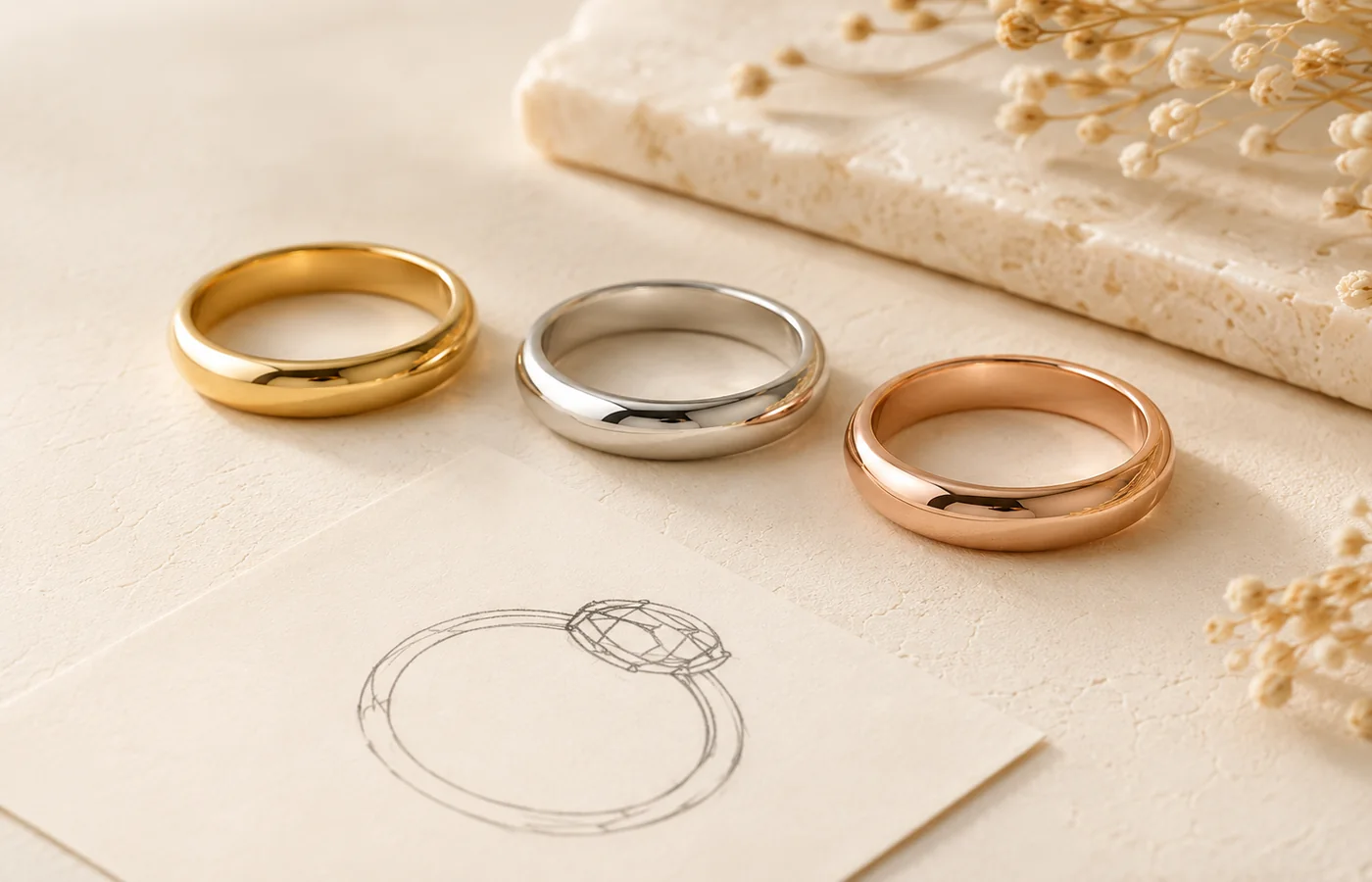 Yellow, white, and rose gold bands arranged together for color comparison.