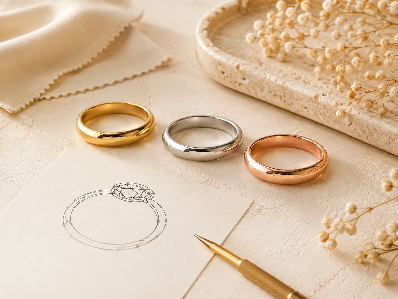 Yellow, white, and rose gold rings arranged beside a jewelry sketch on an ivory work surface.