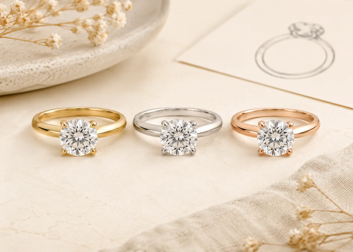 Gemstone rings in yellow, white, and rose gold arranged for pairing comparison.