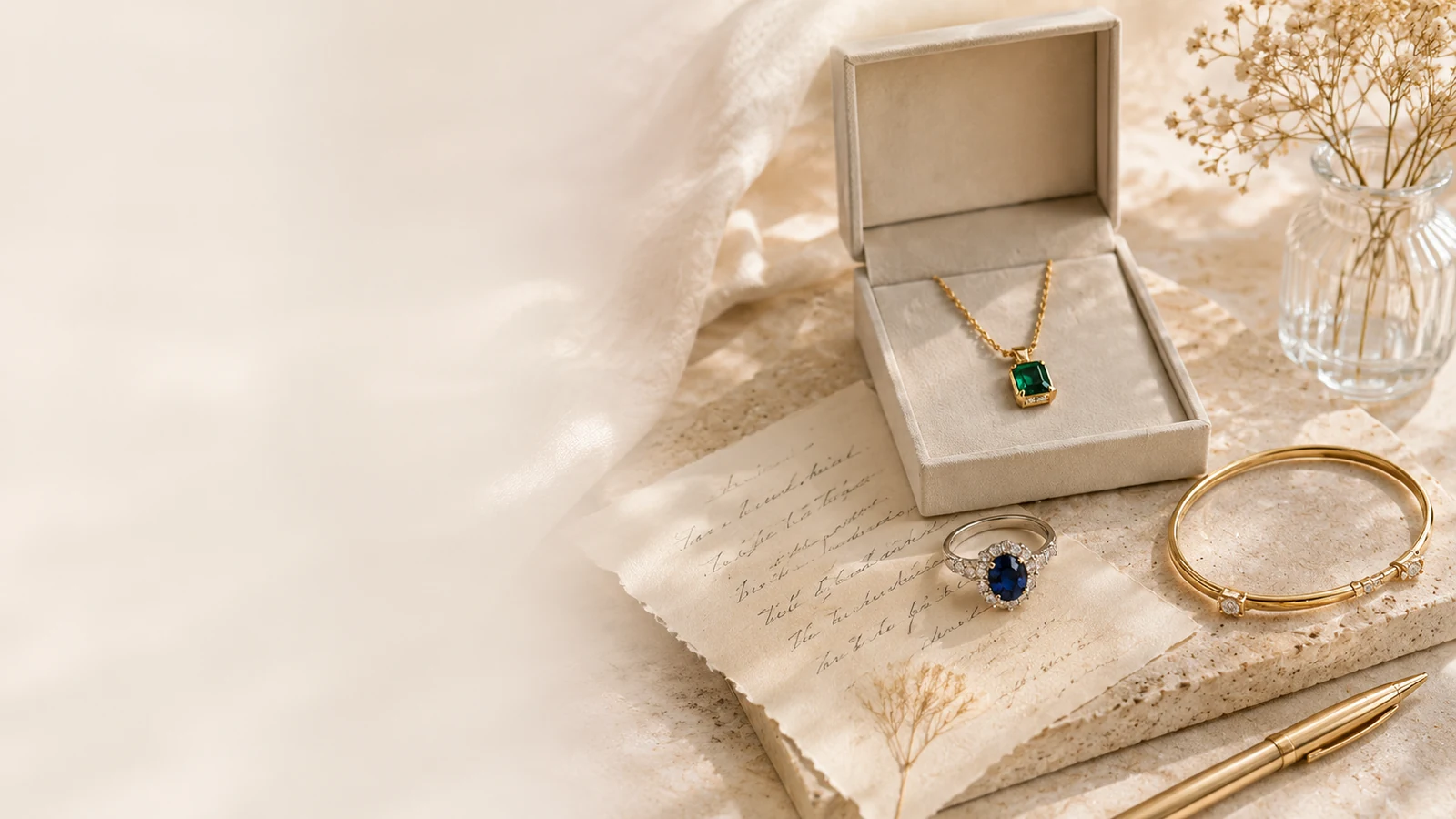 Emerald and sapphire jewelry with a handwritten memory note on a warm stone surface.