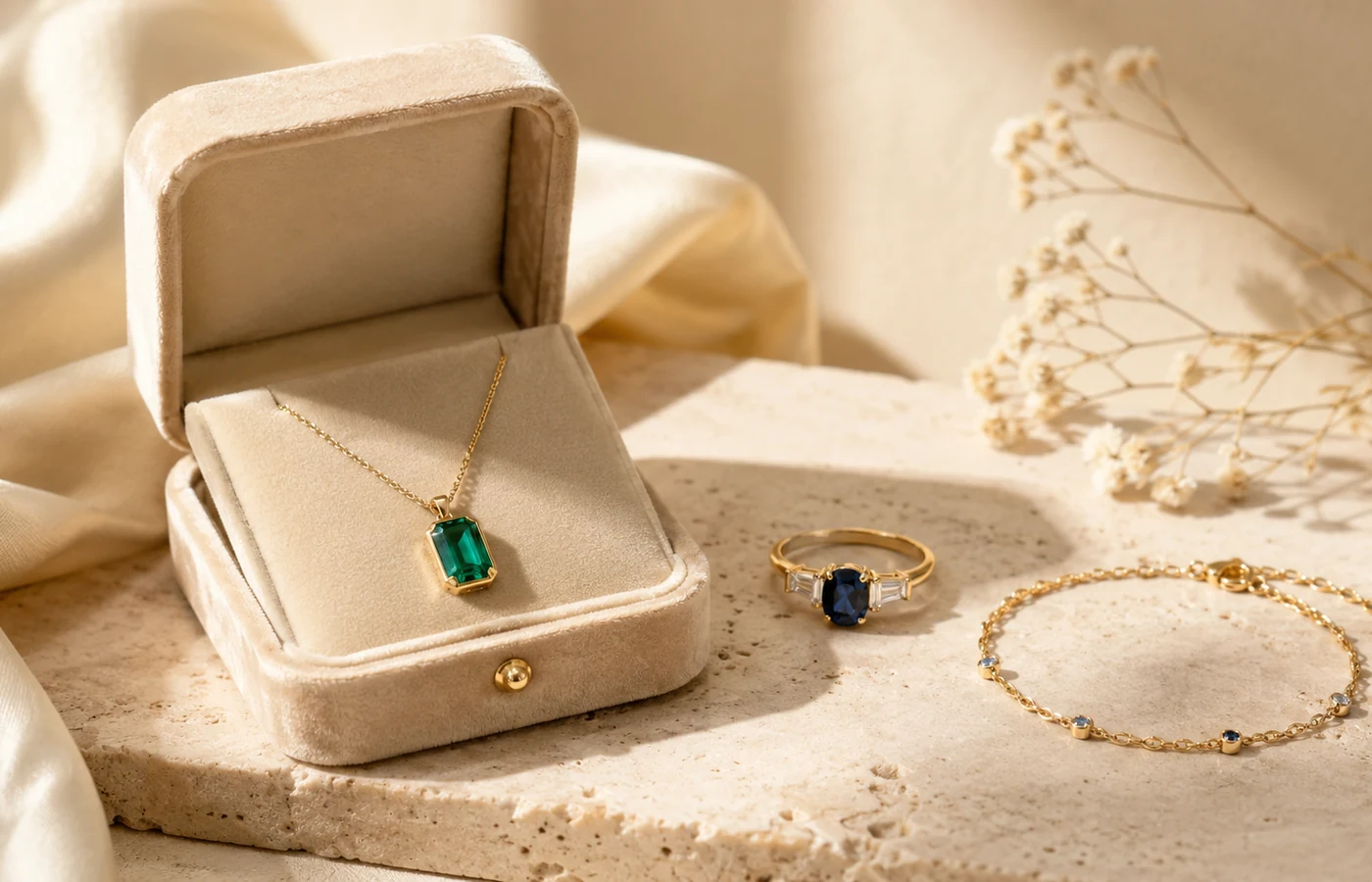 Sapphire ring and emerald pendant arranged as ready-to-wear fine jewelry.