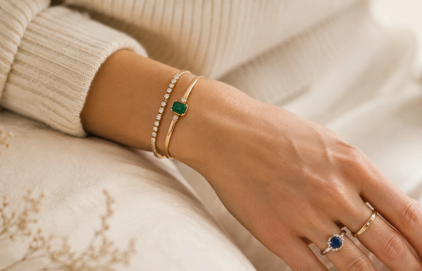 Emerald and diamond jewelry worn with a soft knit for contemporary everyday life.