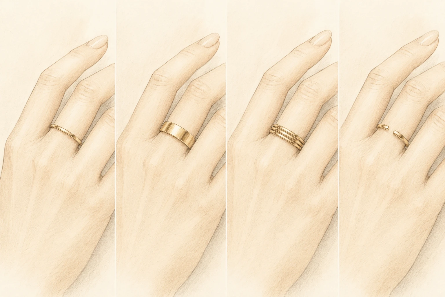A comparison of a slim band, wide band, stacked rings and an open ring on a warm ivory background.
