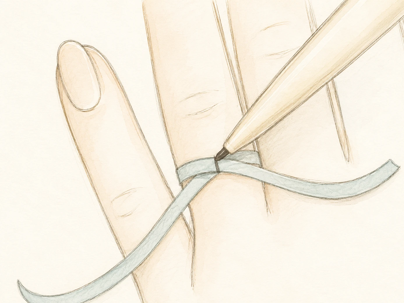 A pen marking the exact point where the ends of a paper strip meet around the ring finger.